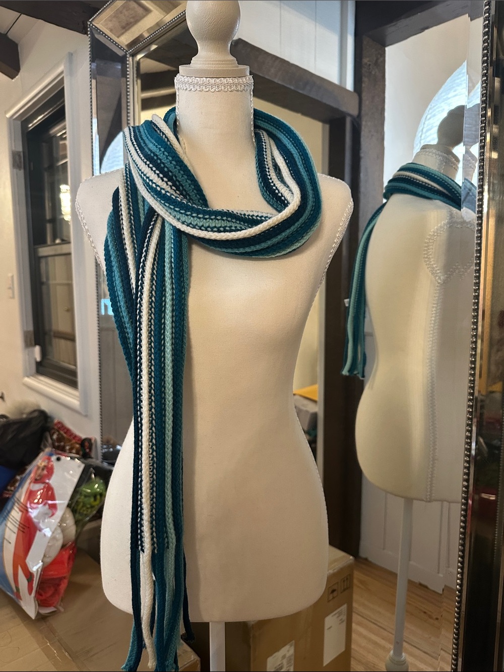 Joe Boxer Teal and White Striped Knit Scarf